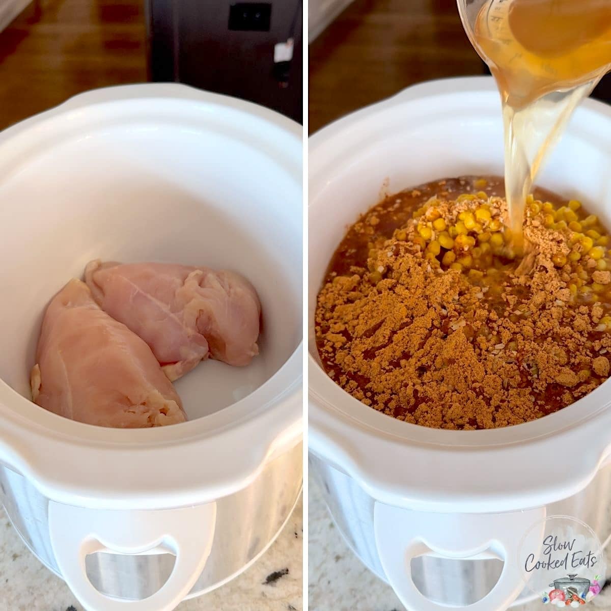 Adding the chicken and ingredients to make slow cooker chicken taco soup in a white oval crockpot.