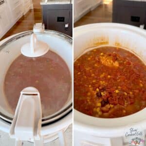 Placing a lid on and cooking slow cooker chicken taco soup.