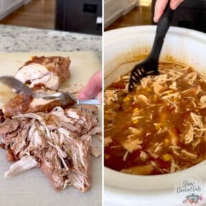 Shredding chicken and stirring slow cooker chicken taco soup.
