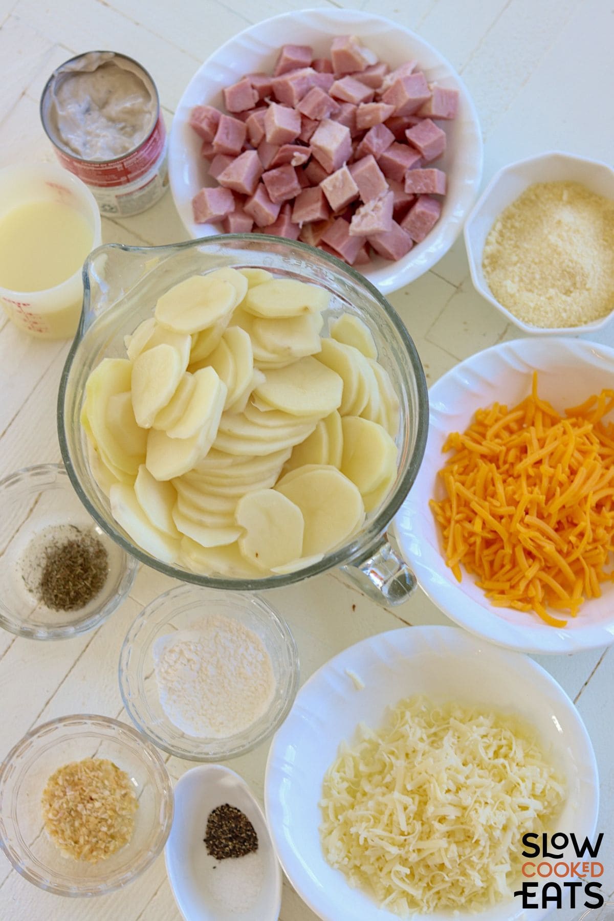 Crockpot Scalloped potatoes and ham ingredients.