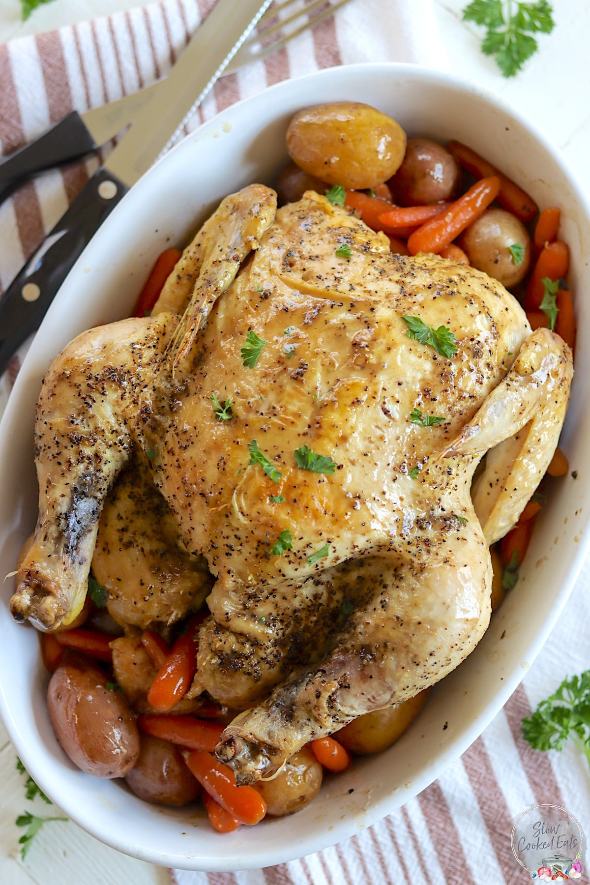 Slow cooker whole chicken with carrots and potatoes in an oval white platter.