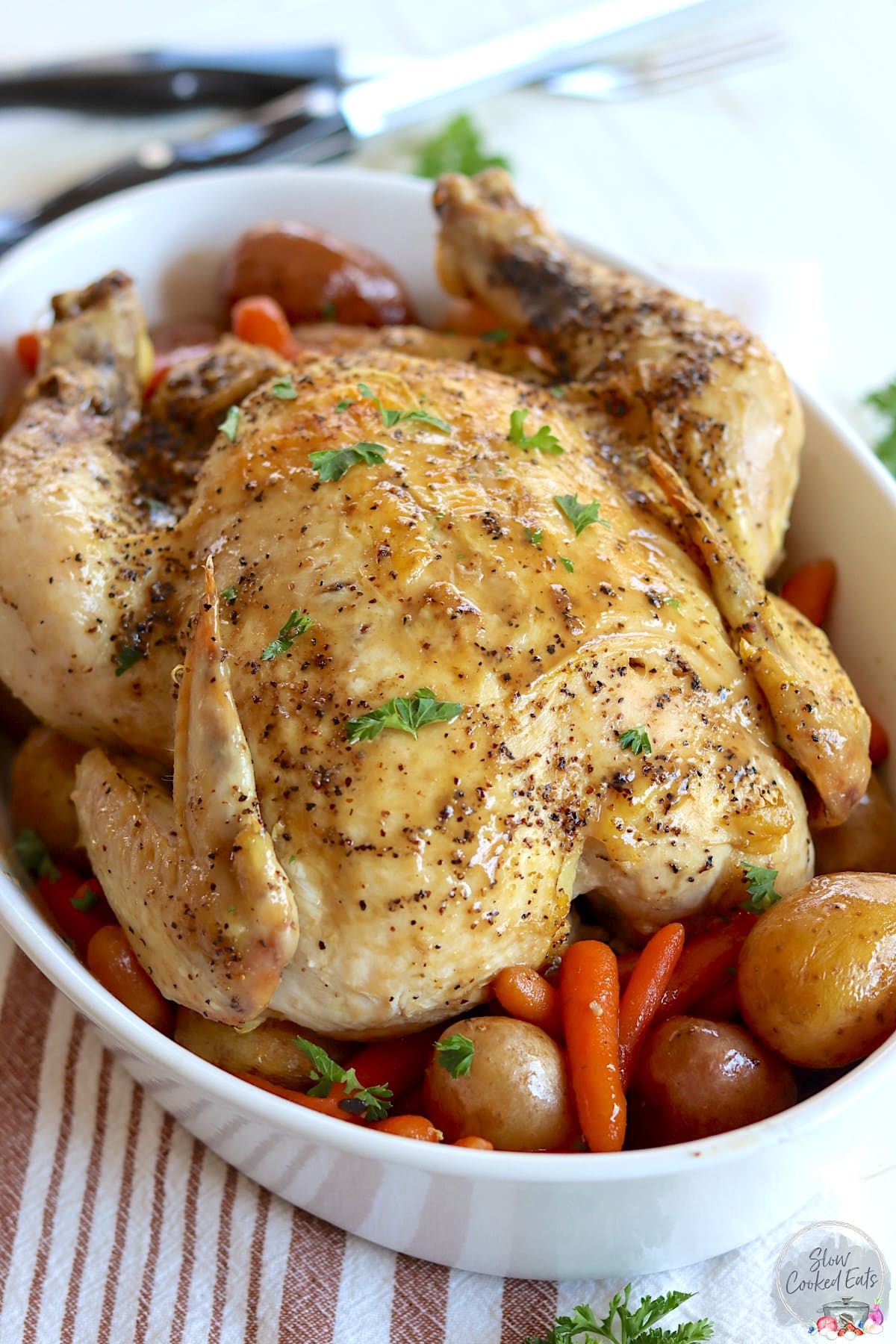 Crockpot whole chicken in an oval white serving platter with potatoes and carrots.