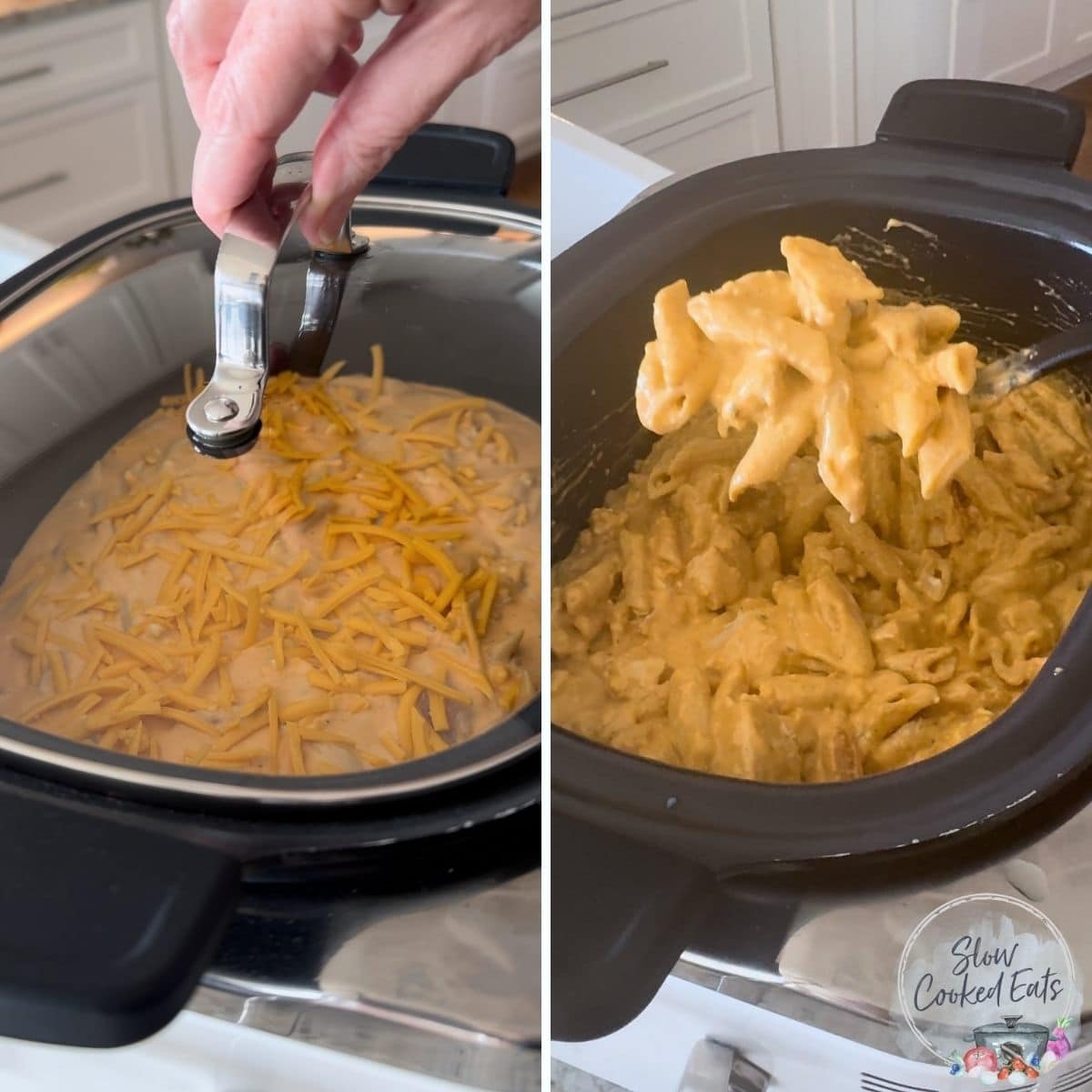 Slow cooking the buffalo chicken pasta crockpot recipe until pasta is soft.