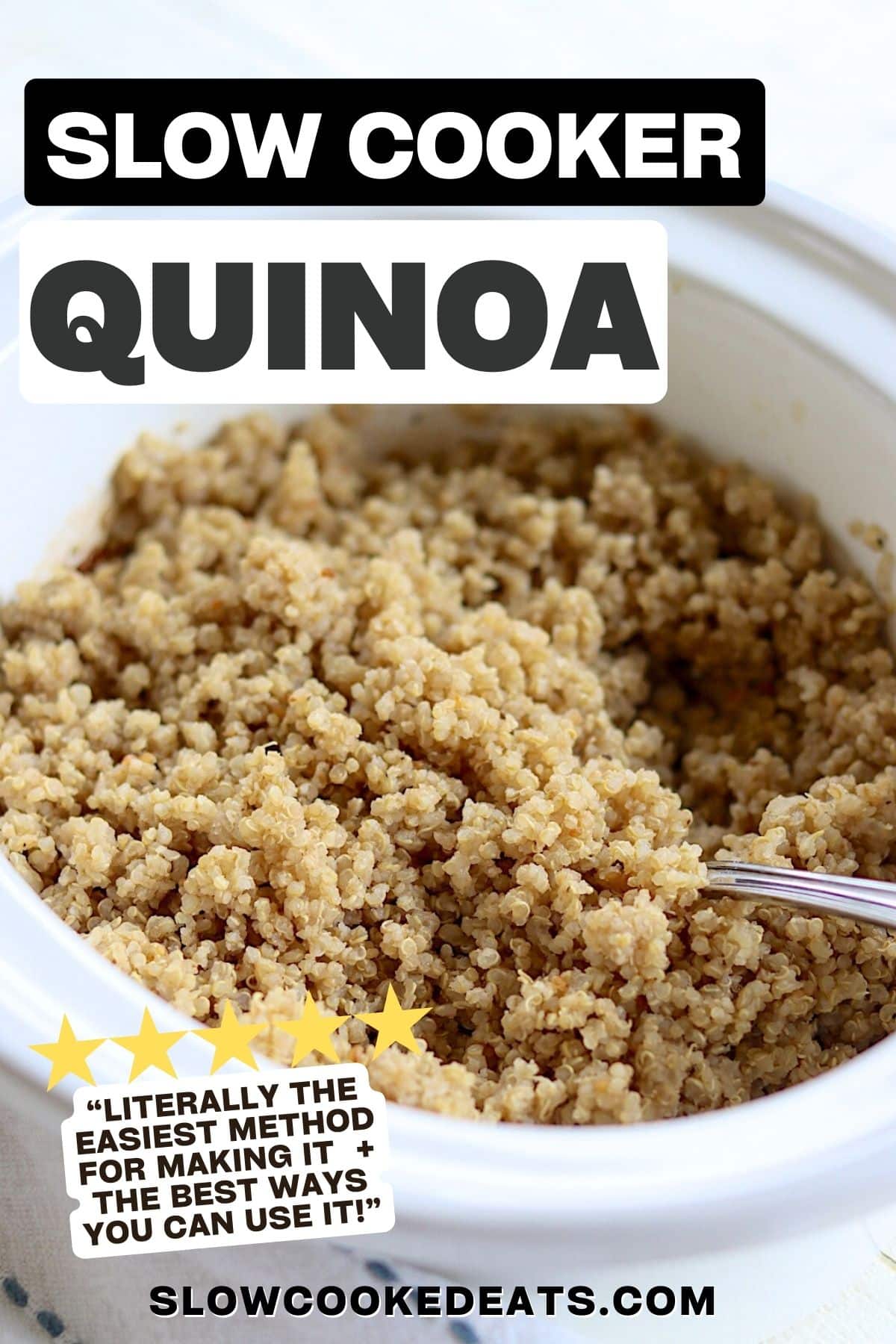 Pinterest pin with slow cooker quinoa in a white crockpot.