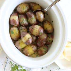 Crockpot baby red potatoes with butter and fresh herbs.