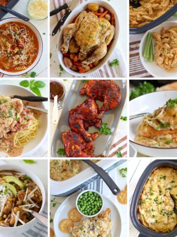 A roundup image of 9 slow cooker recipes with chicken.