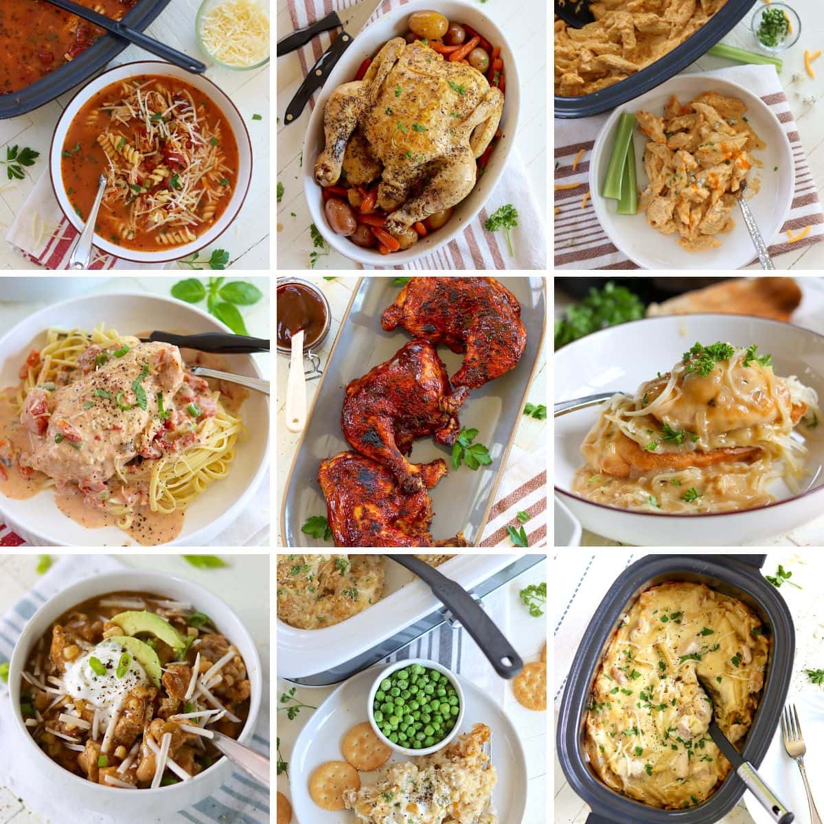 A roundup image of 9 slow cooker recipes with chicken.
