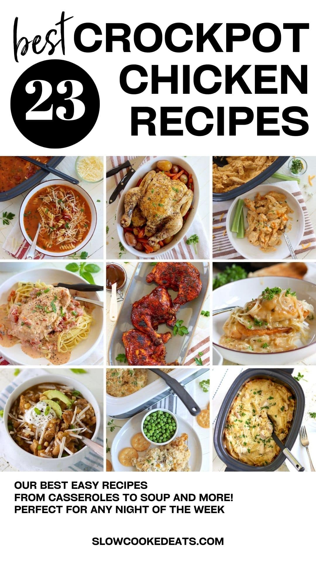 Pinterest pin with 9 images of crockpot chicken recipes on white dishes.