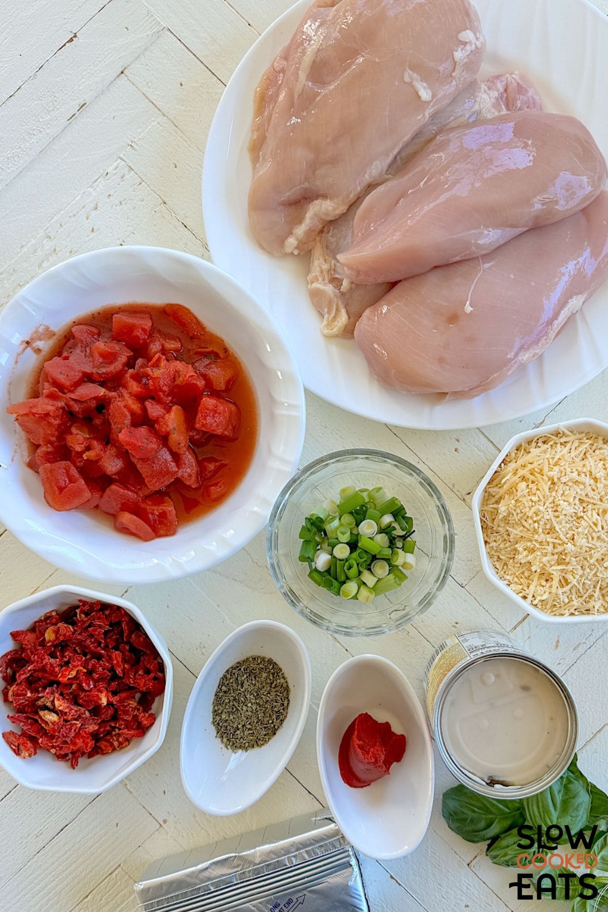Image of ingredients needed to make marry me chicken in crockpot.