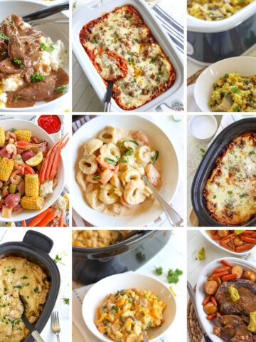 A collage of nice easy crockpot meals in white dishes.