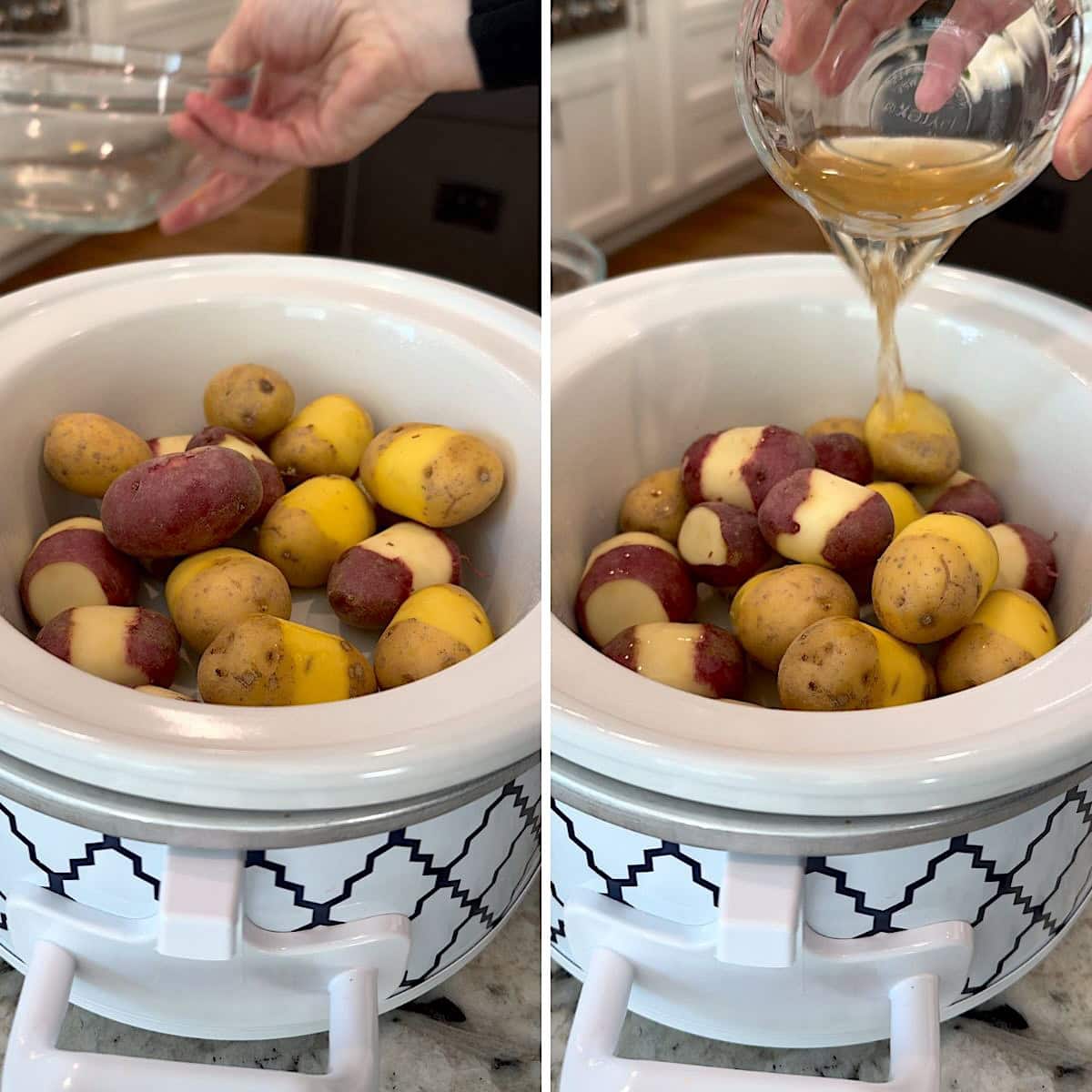 Adding baby potatoes to crockpot then pouring broth over the top.