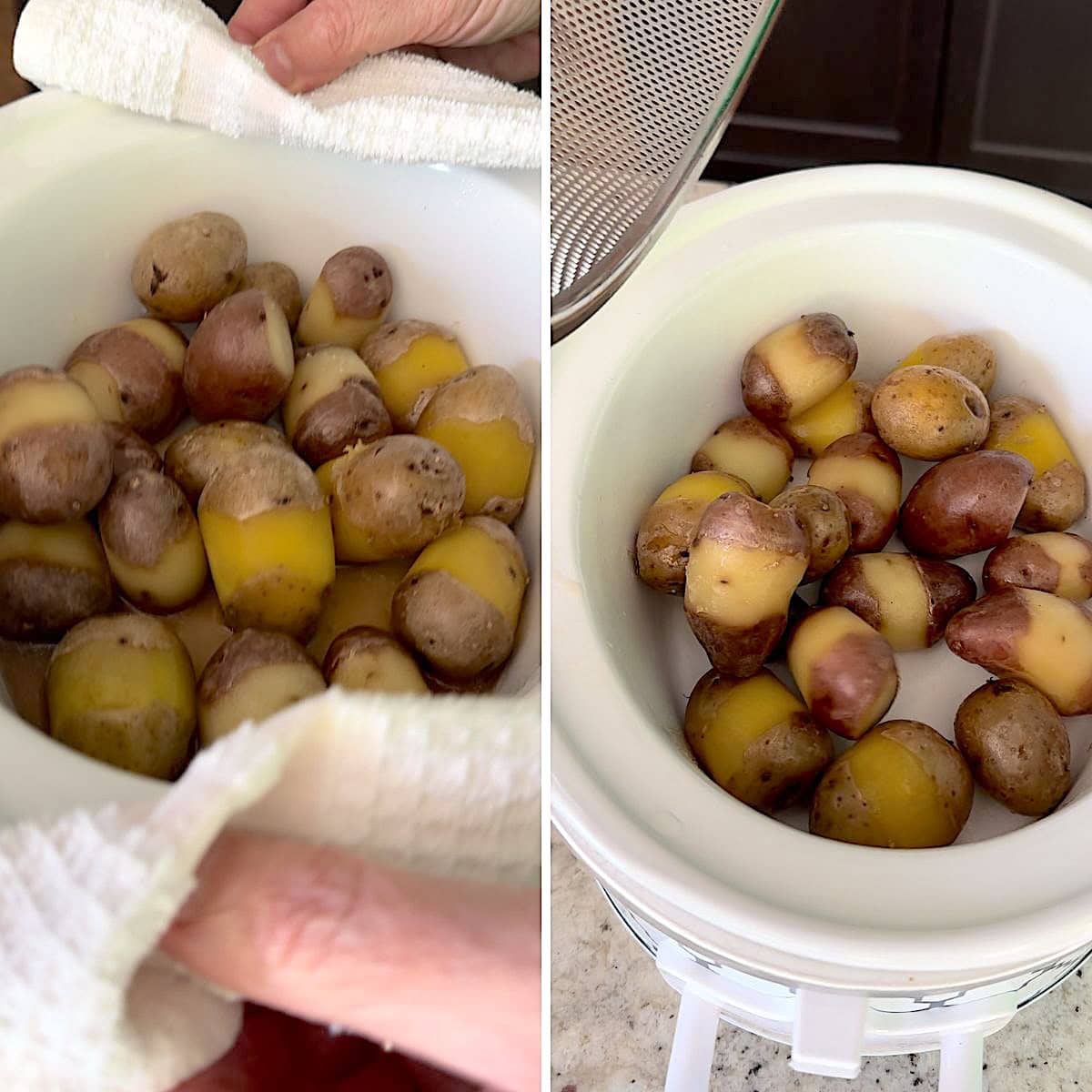 Removing the cooked baby potatoes from the slow cooker to drain then returning to keep warm.