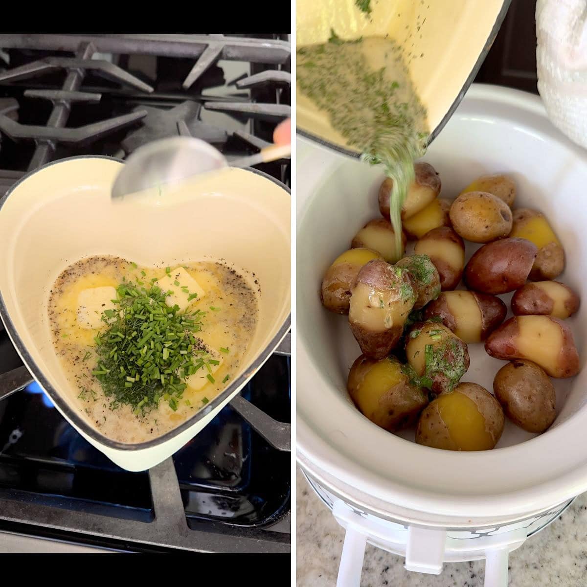 Making the lemon herb butter then pouring over the top of the slow cooker baby potatoes.