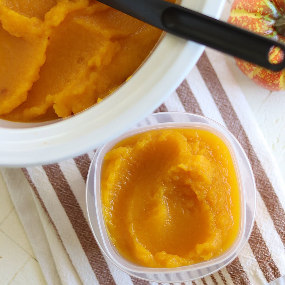 Pumpkin puree in a clear plastic storage container and an oval white crockpot.
