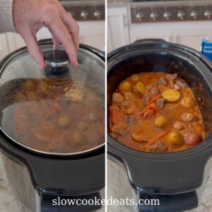 Slow cooker filled with raw beef stew ingredients including meat, onions, and broth ready to be cooked.