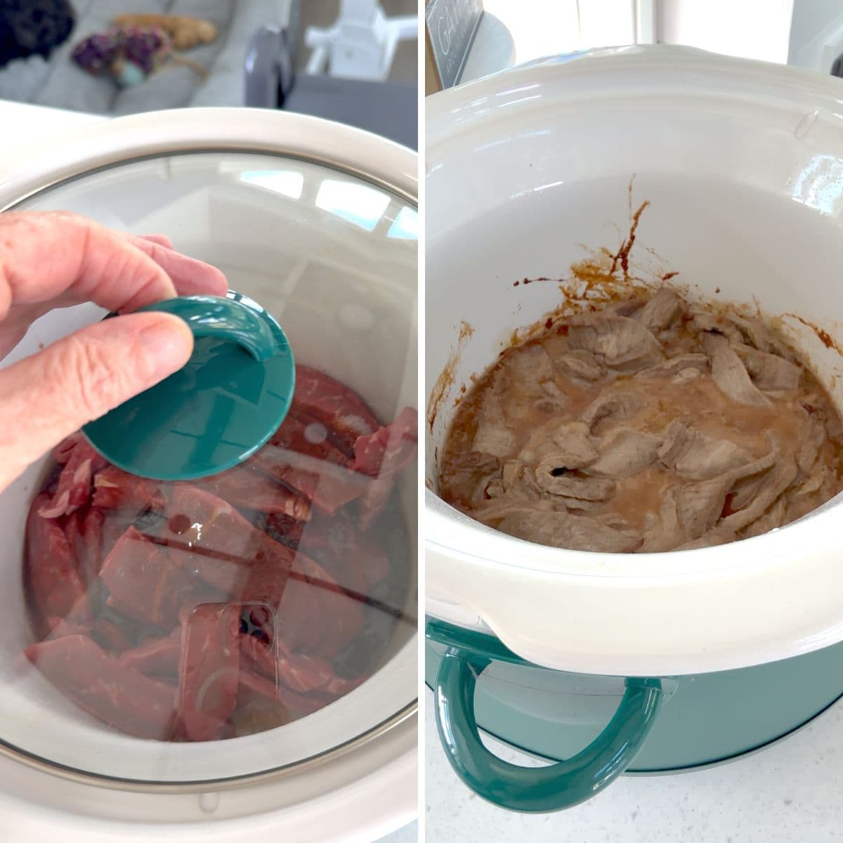 Slow cooking beef slices in korean bbq sauce.