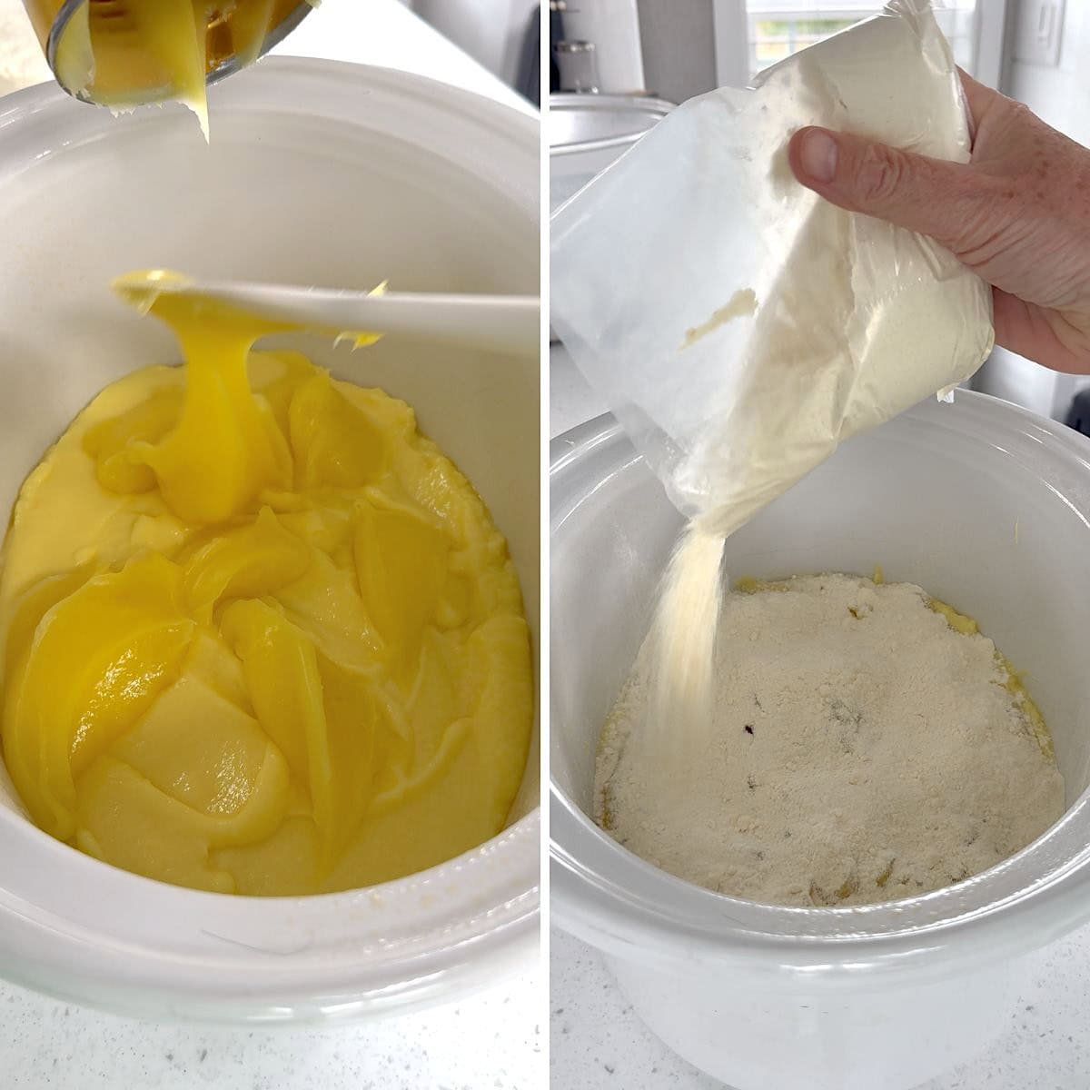 Layering the lemon dump cake ingredients in a crockpot.