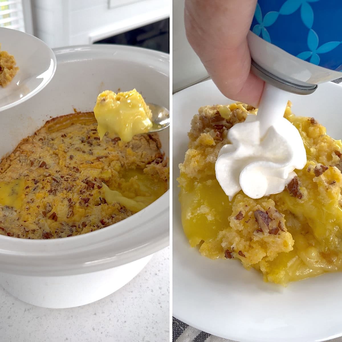 Serving the crockpot lemon dump cake on a white plate then with whipped cream.