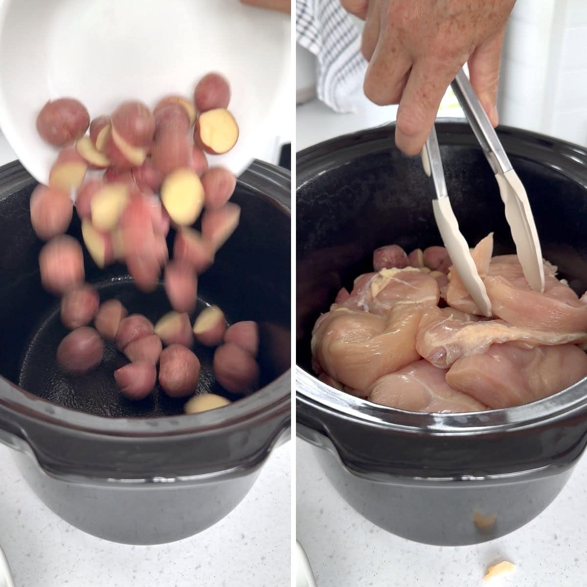 Adding the potatoes and chicken to the slow cooker.