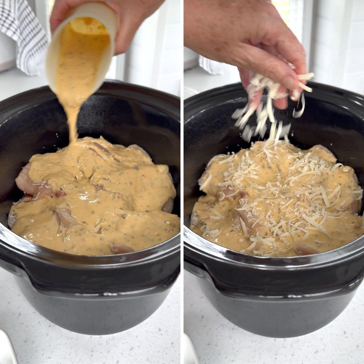 Pouring the dressing and adding the cheese to the slow cooker garlic parmesan chicken and potatoes.