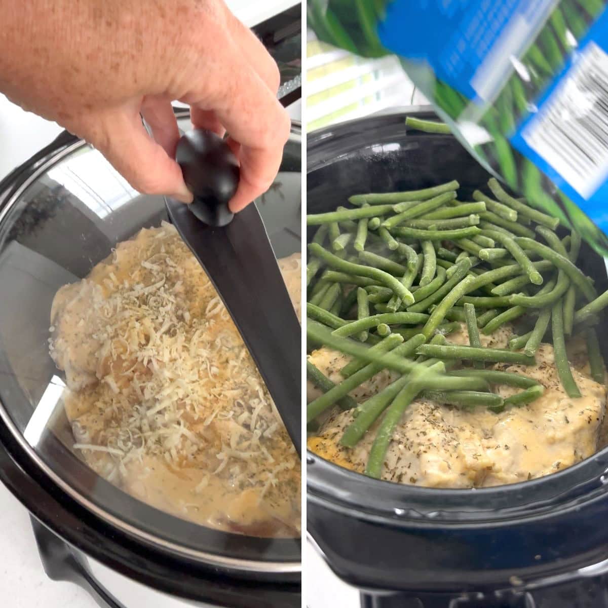 Slow cooking then adding green beans towards the last 30 minutes of cooking time.