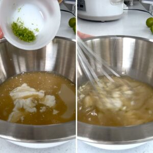 Mixing the crockpot key lime pie batter ingredients in a large mixing bowl.