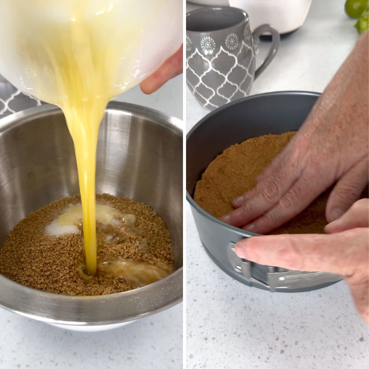 Making the slow cooker key lime pie graham cracker crust then pressing into the bottom of a springform pan.