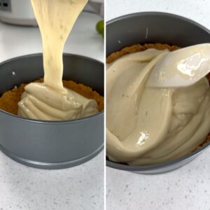 Pouring the key lime pie batter into the graham cracker crust in a springform pan.