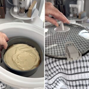Placing the slow cooker key lime pie into the crock pot then cover with a towel and the lid.