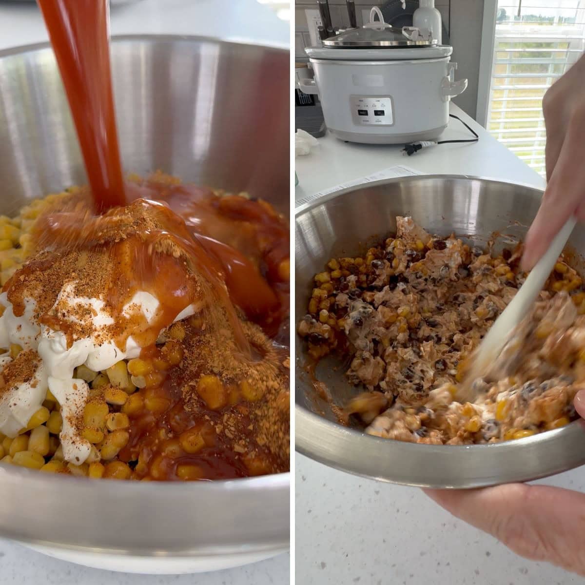 Stiring the chicken enchilada slow cooker filling together in a large bowl.
