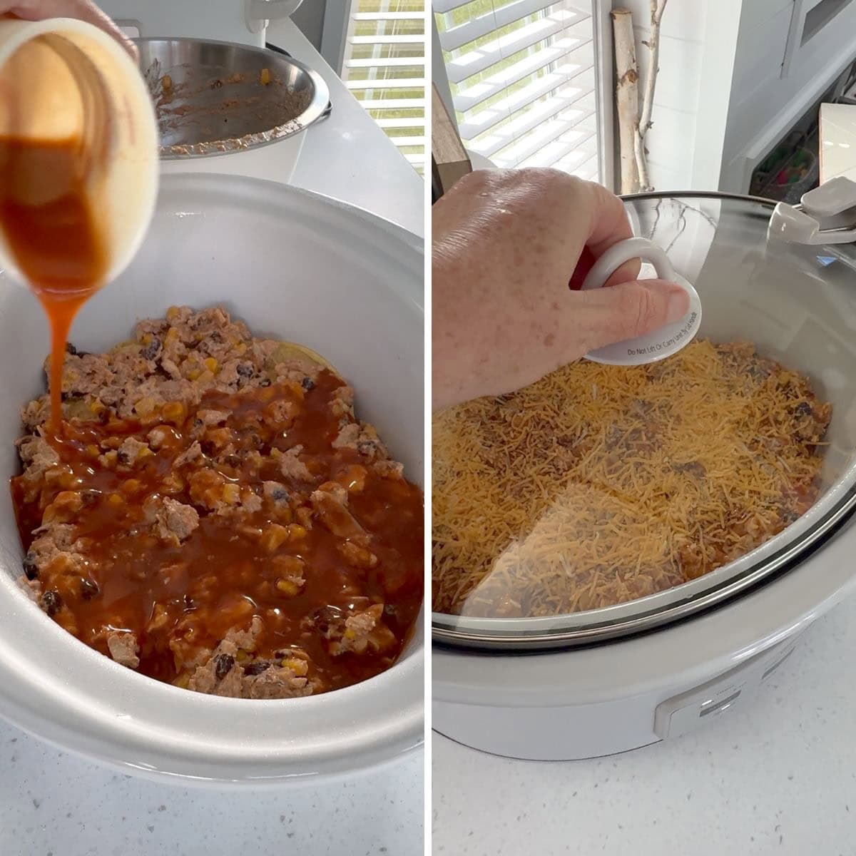 Pouring the enchilada sauce over the crockpot chicken enchilada casserole then slow cooking.