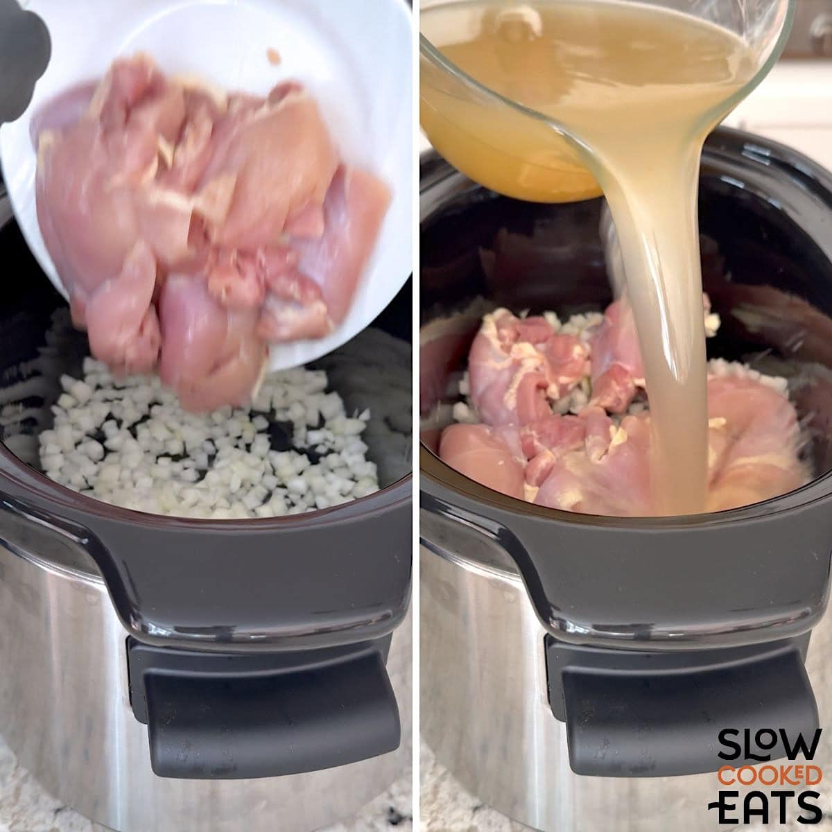 Adding onions, chicken, and broth to the slow cooker.