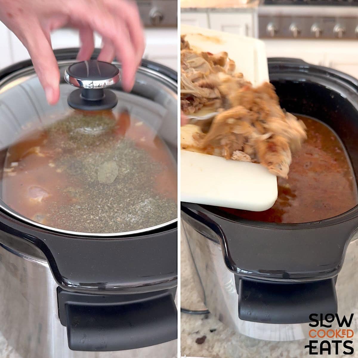 Slow cooking marry me chicken soup in a crockpot then shredding the chicken.