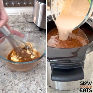 Mixing the cream cheese and hot soup with a whisk until creamy then adding to the slow cooker marry me chicken soup.