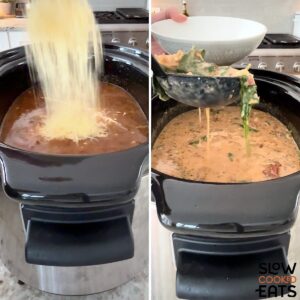 Adding parmesan cheese and serving marry me chicken soup out of the crockpot.