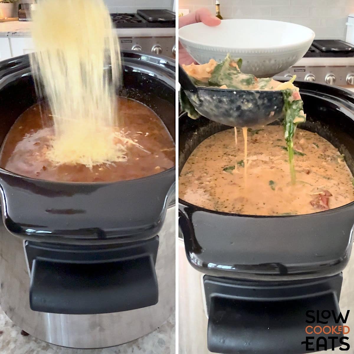 Adding parmesan cheese and serving marry me chicken soup out of the crockpot.