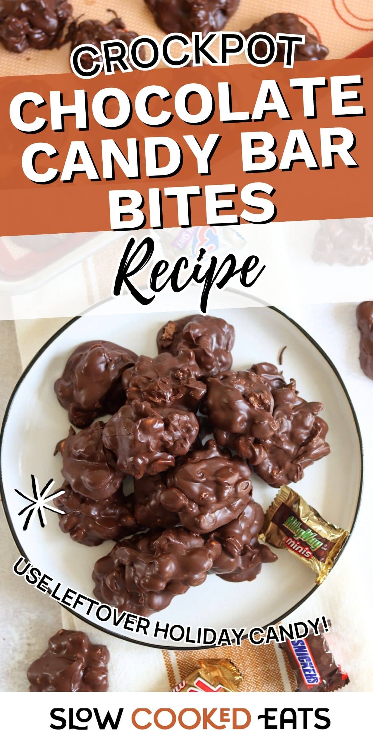 A plate of chocolate candy bar bites made in a crockpot using leftover holiday candy.