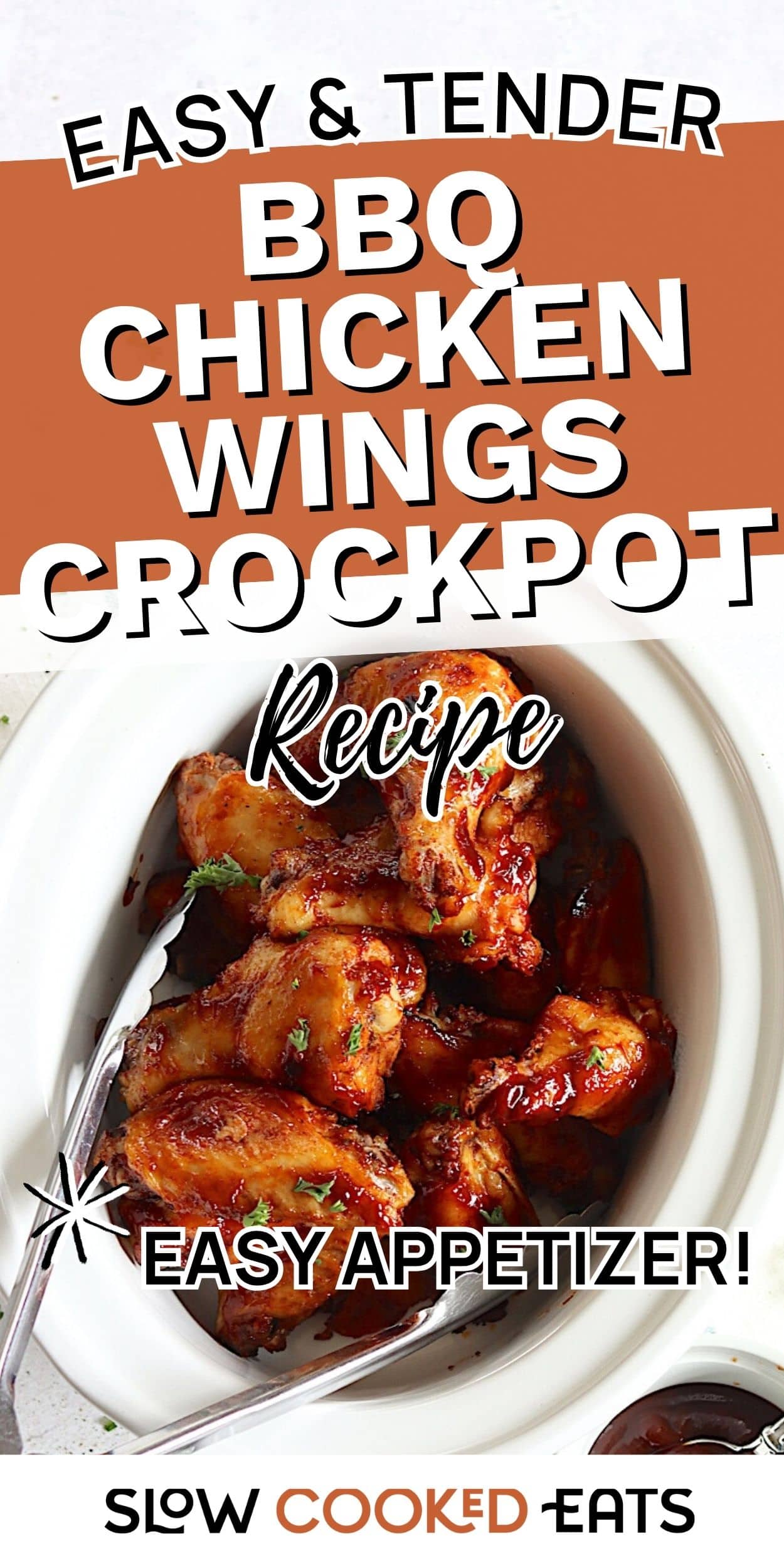 Close-up of BBQ chicken wings cooked in a crockpot, coated in barbecue sauce and ready to serve as an easy appetizer.