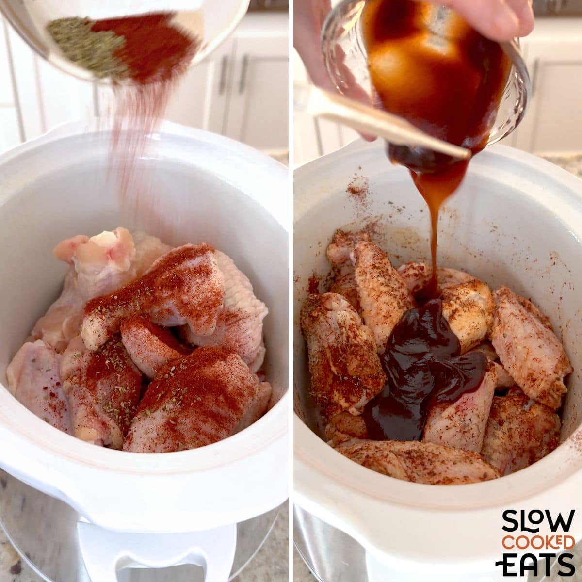 Sprinkling spices over the BBQ chicken wings in crockpot.