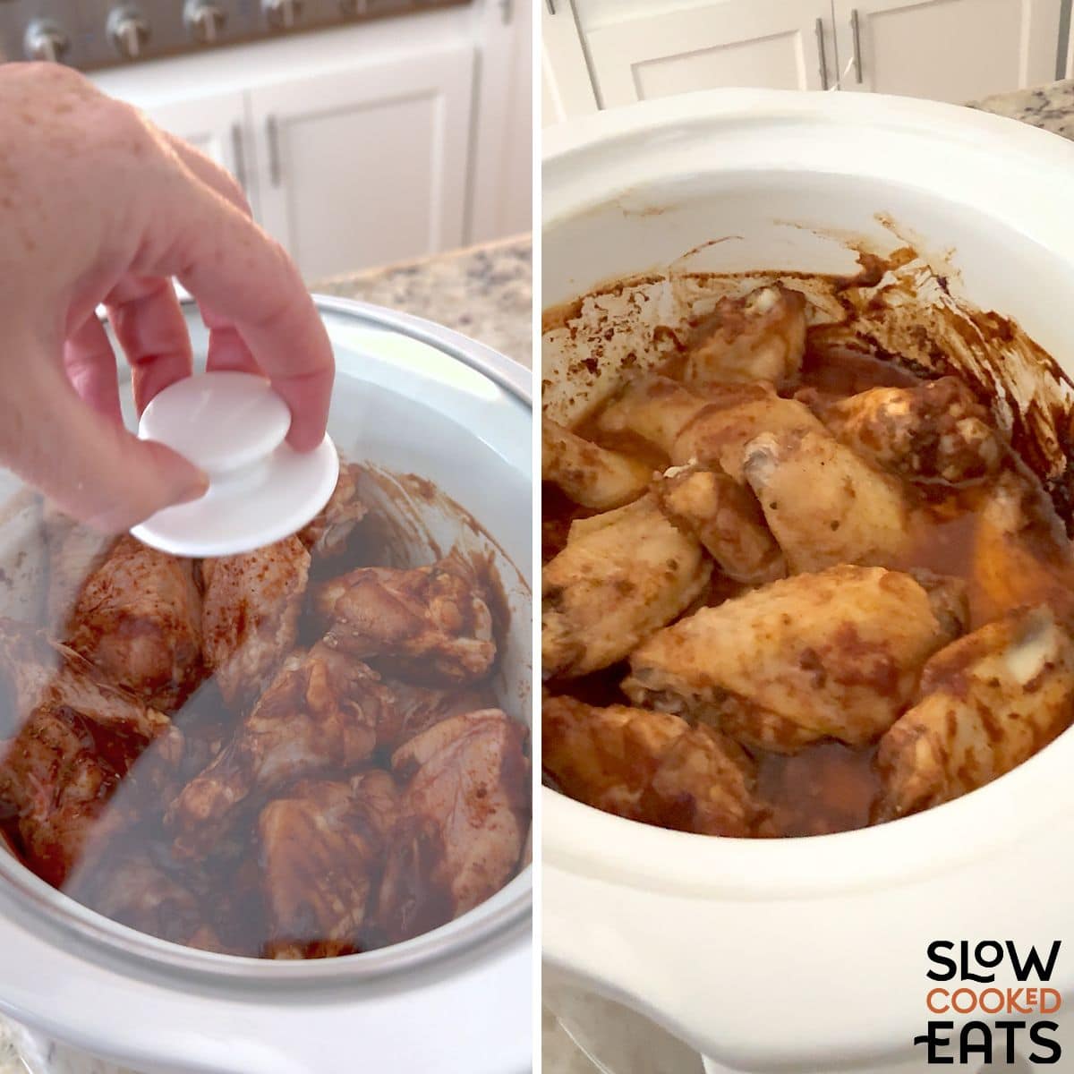 Slow cooking the BBQ chicken wings crockpot recipe.
