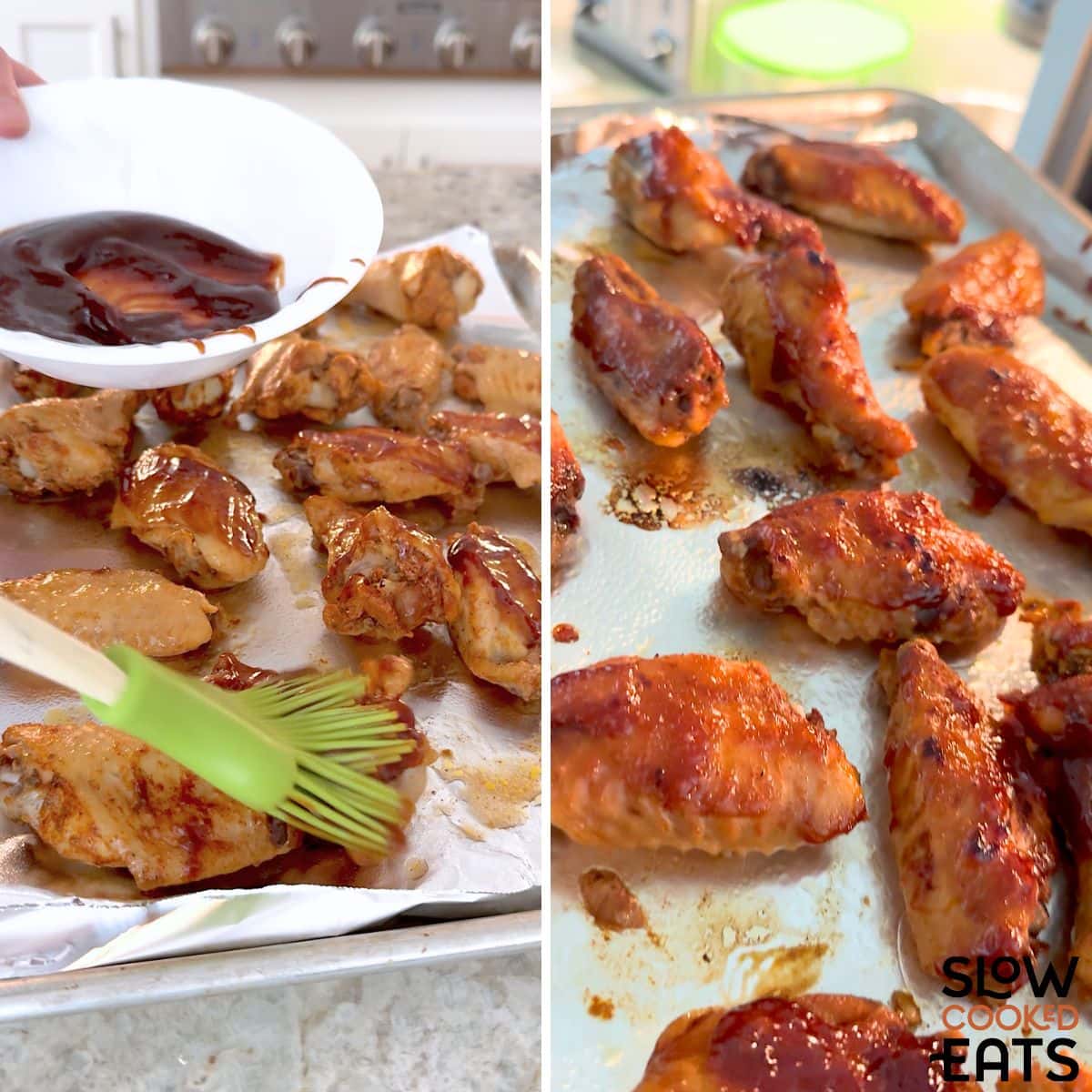 Brushing sauce on BBQ Chicken wings crockpot recipe then broiling in the oven.