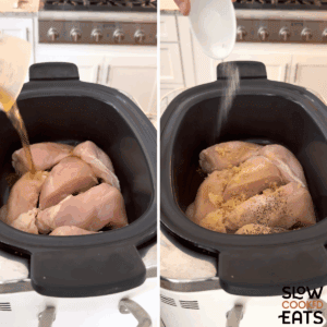 Chicken breast in a black slow cooker, adding broth and seasonings to make crockpot garlic parmesan chicken pasta.