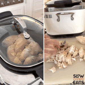 Slow cooking the chicken breast and shredding for crockpot garlic parmesan chicken pasta.