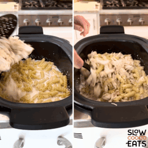 Adding remaining ingredients for crockpot garlic parmesan chicken pasta to the slow cooker.
