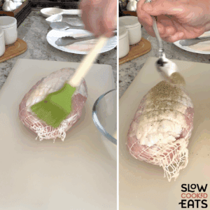 Brushing and seasoning turkey breast for crockpot turkey and stuffing recipe.