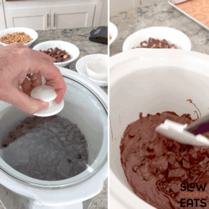 Covering the slow cooker and stirring the chocolate for crockpot chocolate candy bar bites.