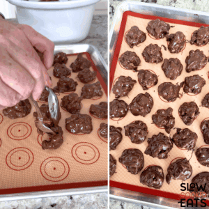 Dropping spoonful's of the crockpot chocolate candy bar bites mixture onto a silicone mat and letting them harden.