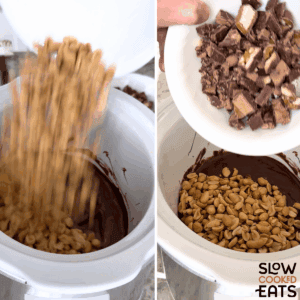 Pouring peanuts and candy bars into the crockpot chocolate candy bar bites recipe.