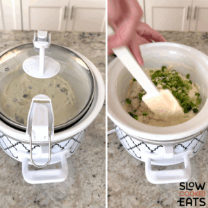 Covering the slow cooker and stirring the ingredients for hot crab dip crockpot recipe.
