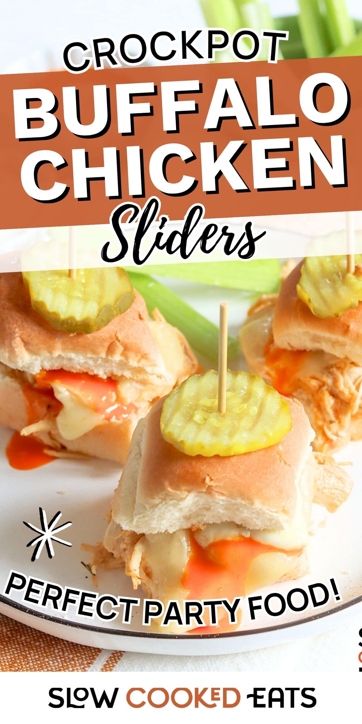 Small buffalo chicken sliders with melted cheese and pickles on buns, served on a plate - an easy crockpot party appetizer.
